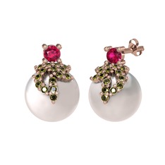 Afra İnci Küpe - Rodolit garnet, peridot ve inci 8 ayar rose altın küpe #1x2k72p