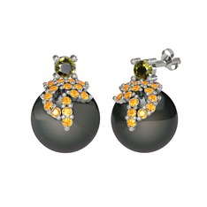 Peridot, sitrin ve siyah inci 925 ayar gümüş küpe