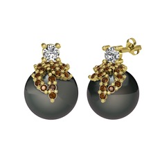 Afra İnci Küpe - Swarovski, dumanlı kuvars ve siyah inci 8 ayar altın küpe #1xkqm8l