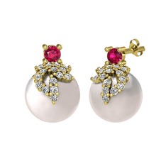 Rodolit garnet, swarovski ve inci 14 ayar altın küpe