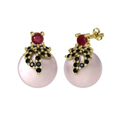 Afra İnci Küpe - Kök yakut, siyah zirkon ve pembe inci 8 ayar altın küpe #1xxvw5h