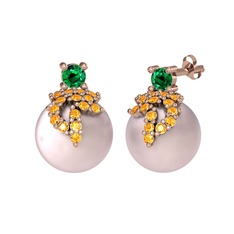 Afra İnci Küpe - Yeşil kuvars, sitrin ve pembe inci 18 ayar rose altın küpe #1y00mq5