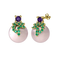 Afra İnci Küpe - Ametist, kök zümrüt ve pembe inci 14 ayar altın küpe #1y0ysha