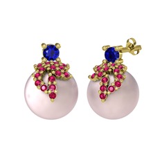 Lab safir, rodolit garnet ve pembe inci 18 ayar altın küpe