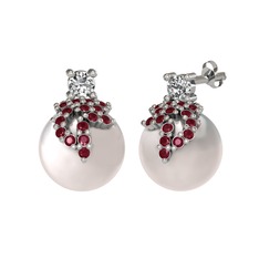 Swarovski, kök yakut ve inci 14 ayar beyaz altın küpe