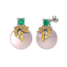 Afra İnci Küpe - Kök zümrüt, sitrin ve pembe inci 18 ayar beyaz altın küpe #1yjc0qj