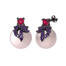 Rodolit garnet, ametist ve pembe inci 925 ayar siyah rodyum kaplama gümüş küpe