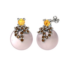 Afra İnci Küpe - Sitrin, dumanlı kuvars ve pembe inci 8 ayar beyaz altın küpe #1ywihow