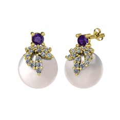 Afra İnci Küpe - Ametist, pırlanta ve inci 8 ayar altın küpe (0.352 karat) #22g7nh