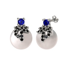 Afra İnci Küpe - Lab safir, siyah zirkon ve inci 14 ayar beyaz altın küpe #277qz1