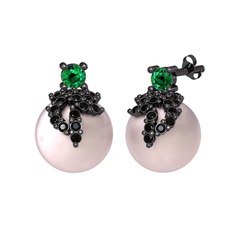 Afra İnci Küpe - Yeşil kuvars, siyah zirkon ve pembe inci 925 ayar siyah rodyum kaplama gümüş küpe #2judrc