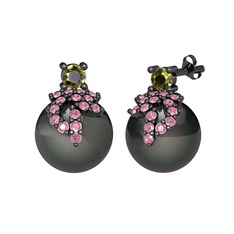 Afra İnci Küpe - Peridot, pembe kuvars ve siyah inci 925 ayar siyah rodyum kaplama gümüş küpe #2m3qu0