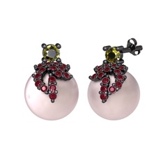 Afra İnci Küpe - Peridot, kök yakut ve pembe inci 925 ayar siyah rodyum kaplama gümüş küpe #2pe6x5