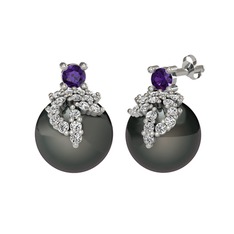 Afra İnci Küpe - Ametist, beyaz zirkon ve siyah inci 18 ayar beyaz altın küpe #2s9gkl