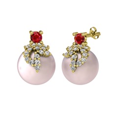 Garnet, swarovski ve pembe inci 18 ayar altın küpe