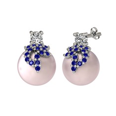 Afra İnci Küpe - Swarovski, lab safir ve pembe inci 18 ayar beyaz altın küpe #2v0dag
