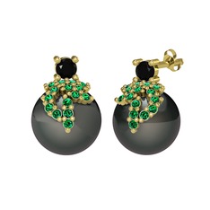 Afra İnci Küpe - Siyah zirkon, yeşil kuvars ve siyah inci 14 ayar altın küpe #2y7tl9