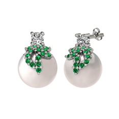 Beyaz zirkon, yeşil kuvars ve inci 8 ayar beyaz altın küpe