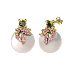 Peridot, pembe kuvars ve inci 14 ayar altın küpe