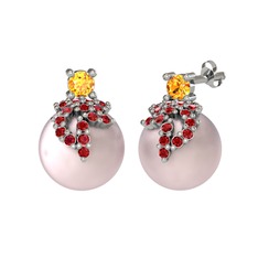 Sitrin, garnet ve pembe inci 18 ayar beyaz altın küpe