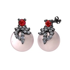 Garnet, pırlanta ve pembe inci 925 ayar siyah rodyum kaplama gümüş küpe (0.352 karat)