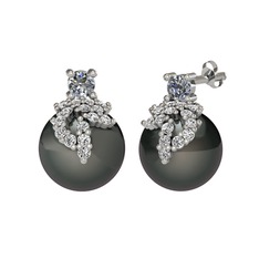 Pırlanta, swarovski ve siyah inci 18 ayar beyaz altın küpe (0.22 karat)