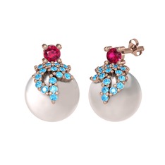 Afra İnci Küpe - Rodolit garnet, akuamarin ve inci 18 ayar rose altın küpe #3wq12k