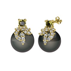 Afra İnci Küpe - Peridot, swarovski ve siyah inci 18 ayar altın küpe #439bz3