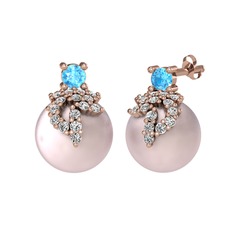 Afra İnci Küpe - Akuamarin, swarovski ve pembe inci 14 ayar rose altın küpe #480gfd