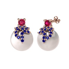 Afra İnci Küpe - Rodolit garnet, lab safir ve inci 14 ayar rose altın küpe #49znsa