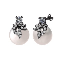 Afra İnci Küpe - Pırlanta, swarovski ve inci 925 ayar siyah rodyum kaplama gümüş küpe (0.22 karat) #4bdp0c