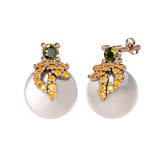 Peridot, sitrin ve inci 8 ayar rose altın küpe