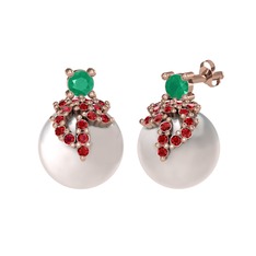 Afra İnci Küpe - Kök zümrüt, garnet ve inci 18 ayar rose altın küpe #4w3rkp