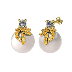 Afra İnci Küpe - Pırlanta, sitrin ve inci 14 ayar altın küpe (0.22 karat) #4zuzjq