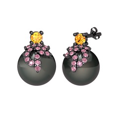 Afra İnci Küpe - Sitrin, pembe kuvars ve siyah inci 925 ayar siyah rodyum kaplama gümüş küpe #53goxo