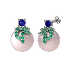 Afra İnci Küpe - Lab safir, kök zümrüt ve pembe inci 8 ayar beyaz altın küpe #55famp