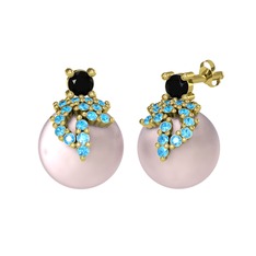 Afra İnci Küpe - Siyah zirkon, akuamarin ve pembe inci 8 ayar altın küpe #5cop1v