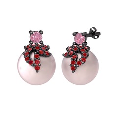 Afra İnci Küpe - Pembe kuvars, garnet ve pembe inci 925 ayar siyah rodyum kaplama gümüş küpe #5ueuj1