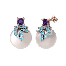 Afra İnci Küpe - Ametist, akuamarin ve inci 18 ayar rose altın küpe #5v1b9k