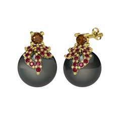 Afra İnci Küpe - Dumanlı kuvars, kök yakut ve siyah inci 18 ayar altın küpe #5vsh18