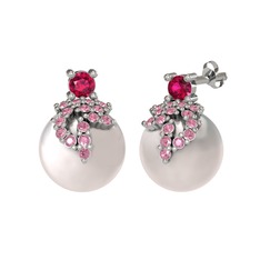 Rodolit garnet, pembe kuvars ve inci 925 ayar gümüş küpe