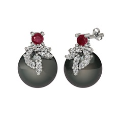 Kök yakut, beyaz zirkon ve siyah inci 18 ayar beyaz altın küpe