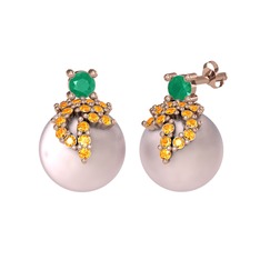 Afra İnci Küpe - Kök zümrüt, sitrin ve pembe inci 14 ayar rose altın küpe #6hbvda