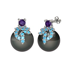 Afra İnci Küpe - Ametist, akuamarin ve siyah inci 925 ayar gümüş küpe #6ibjeb