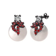 Afra İnci Küpe - Beyaz zirkon, garnet ve inci 925 ayar siyah rodyum kaplama gümüş küpe #6qbfl5