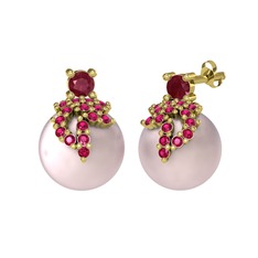 Kök yakut, rodolit garnet ve pembe inci 8 ayar altın küpe