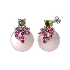 Afra İnci Küpe - Peridot, rodolit garnet ve pembe inci 18 ayar beyaz altın küpe #76pgjk