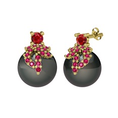 Afra İnci Küpe - Garnet, rodolit garnet ve siyah inci 14 ayar altın küpe #78wcow