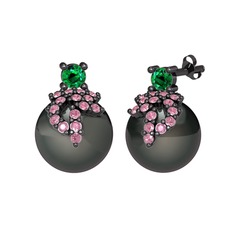 Afra İnci Küpe - Yeşil kuvars, pembe kuvars ve siyah inci 925 ayar siyah rodyum kaplama gümüş küpe #7k9a3y