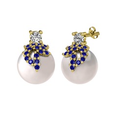 Afra İnci Küpe - Swarovski, lab safir ve inci 14 ayar altın küpe #7l64pd
